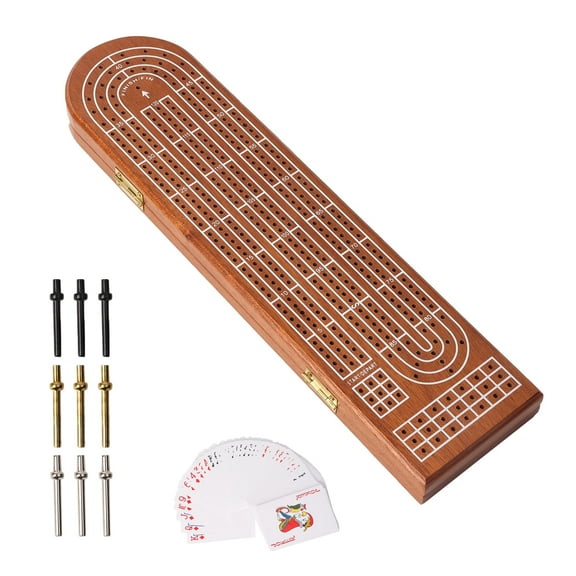 GSE Games & Sports Expert 3-Track Wooden Cribbage Board Game Classic Three-Person Cribbage Board Game with Playing Cards, Metal Pegs and Storage Area for Friends and Family Game