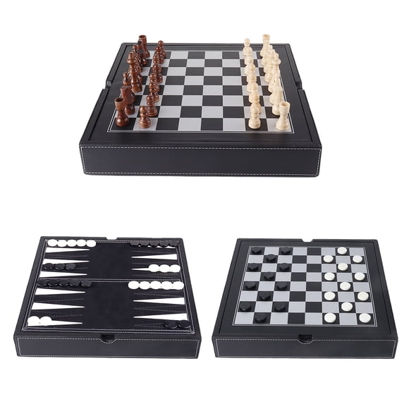 GSE Games & Sports Expert 3-in-1 Black Leather Chess, Checkers and Backgammon Tabletop Board Game Combo Set with Storage for Kids and Adults