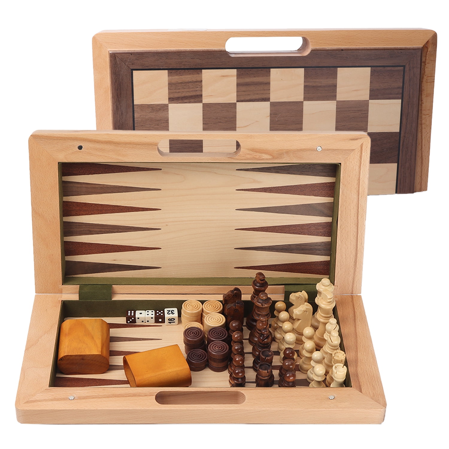 3 in 1 Portable Folding Standard Chess Set,Wooden Chess Board Game  Backgammon Draughts Club Camping Traveling Game Set 