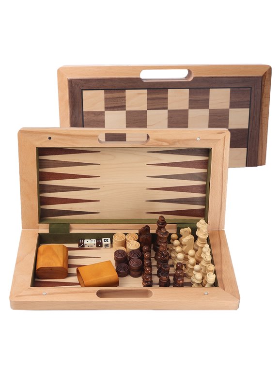 3-in-1 Wooden Folding Chess, Checkers and Backgammon Board Game Combo Set