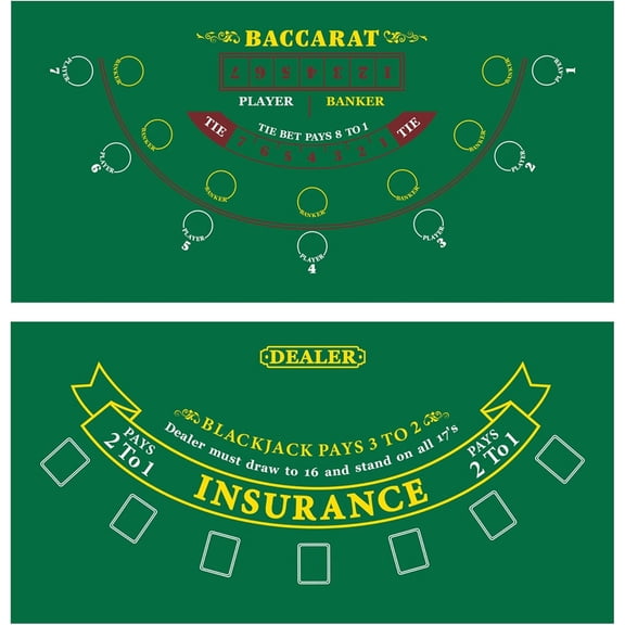 GSE Games & Sports Expert 36"x72" Blackjack & Baccarat Layout Felt, 2-Sided Las Vegas Casino Style Black Jack & Mini Baccarat Tabletop Mat for Casino Game Night