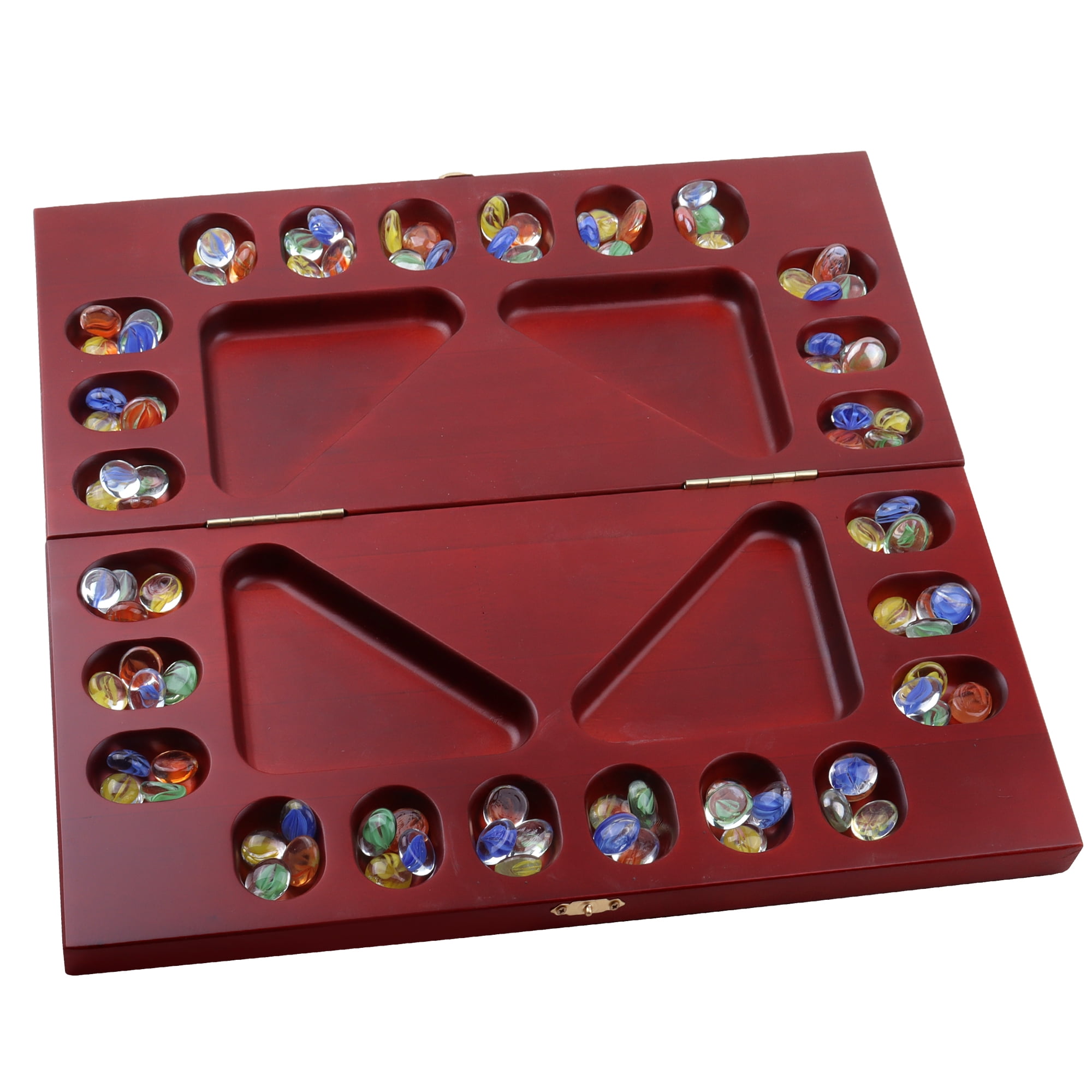 Mahogany Folding 4-Player Mancala Board Game with Multicolor Stones