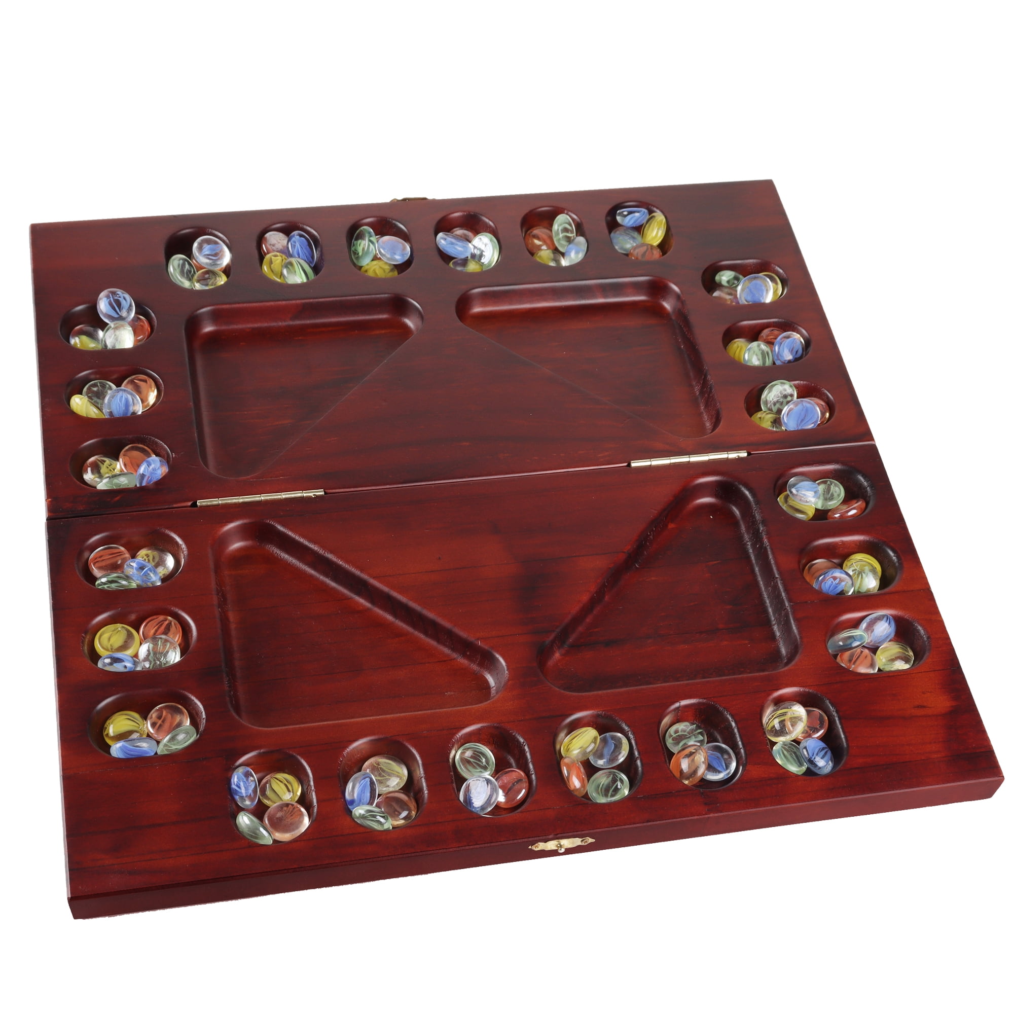 Mahogany Folding 4-Player Mancala Board Game with Multicolor Stones