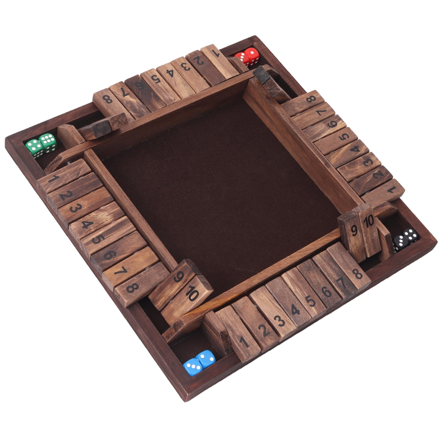 We Games 4 Player Shut The Box Jogo de tabuleiro de dados com tampa -  Madeira manchada de nogueira - Tamanho grande da mesa de centro - 14  polegadas, para o jogo