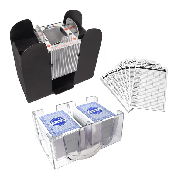 GSE Games & Sports Expert 6-Deck Canasta Cards with Automatic Card Shuffler, a Revolving Card Holder, 100 Sheets Score Pads - Blue