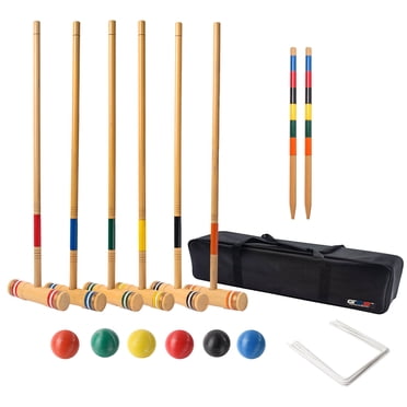 Complete Wood Croquet Set With Carrying Case - 6 Player Outdoor Lawn Game For Kids & Family