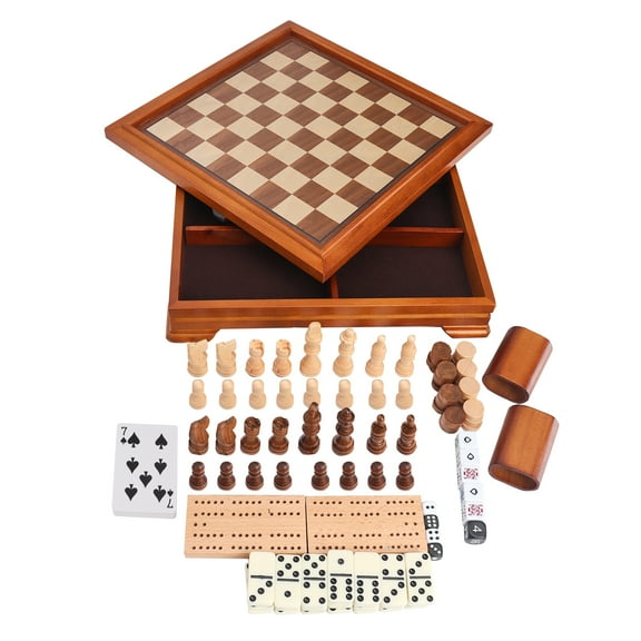 GSE Games & Sports Expert 7-in-1 Wooden Chess, Checkers, Backgammon, Dominoes, Cribbage Board, Playing Card & Poker Dice Game Tabletop Board Game Combo Set (Deluxe)