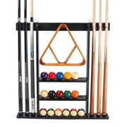 GSE Games & Sports Expert Billiard Pool Cue Stick Hanging Wall Mounting Rack. Holds 6 Pool Cue Stick, Billiard Ball Rack and Pool Ball - Black