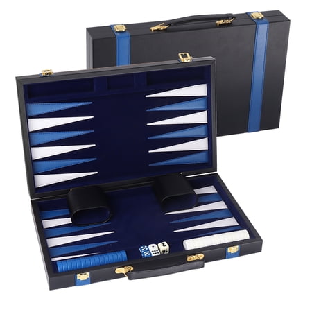 GSE Games & Sports Expert Black&Blue Leather Backgammon Board Game Set. Classical Folding Board Game Set for Kids and Adults - Medium