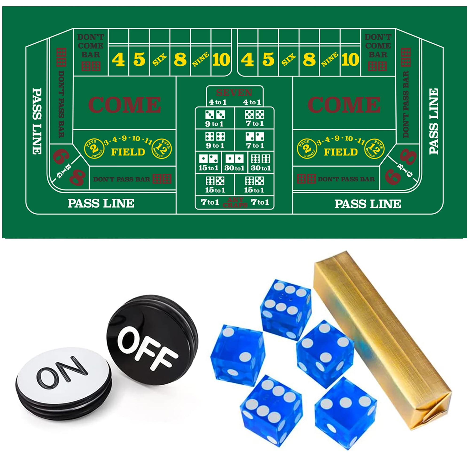 GSE Games & Sports Expert Casino Craps Game Set. Including 36"x72" Craps Layout Felt, 5-Piece AAA Grade 19mm Casino Dice, 3-Inch Craps On/Off Puck Button