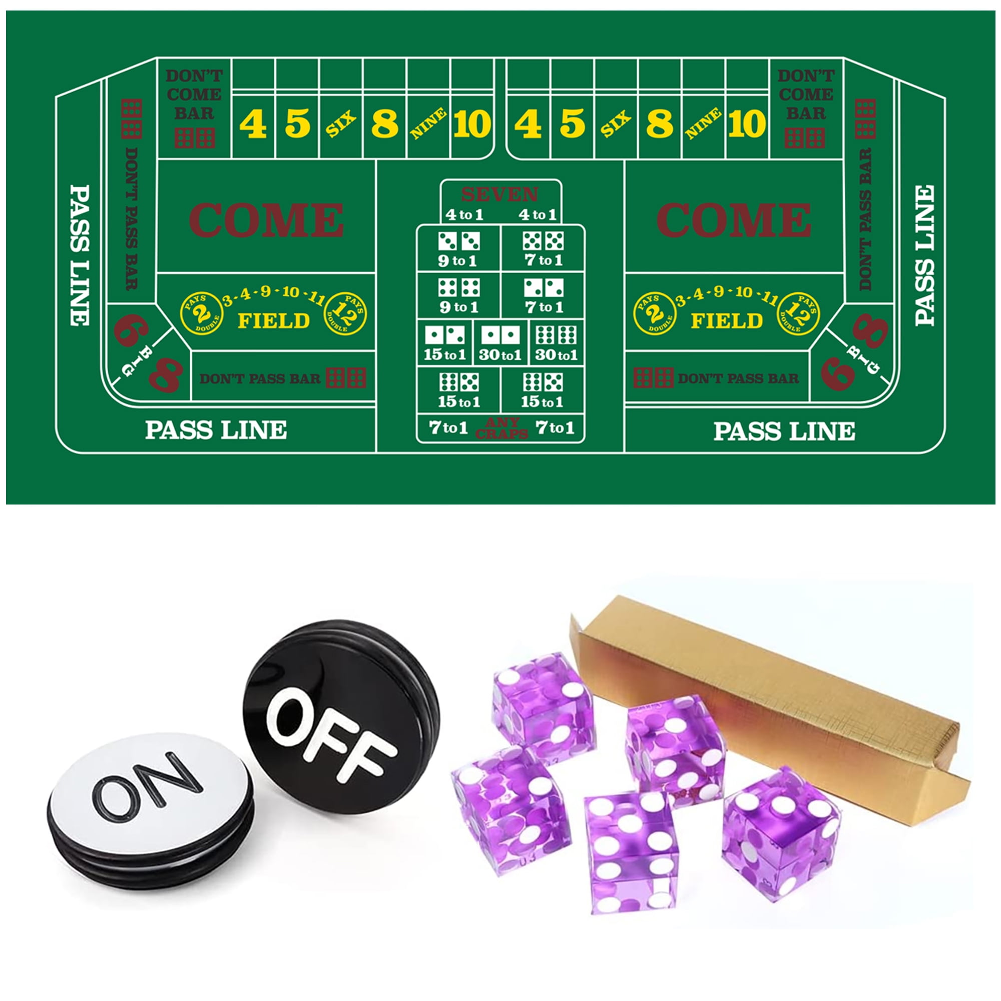 GSE Games & Sports Expert Casino Craps Game Set. Including 36"x72" Craps Layout Felt, 5-Piece AAA Grade 19mm Casino Dice, 3-Inch Craps On/Off Puck Button
