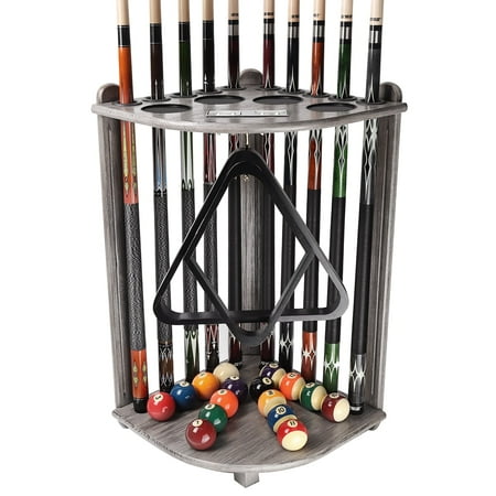 GSE Games & Sports Expert Corner Style Floor Stand Billiard Pool Cue Rack with Score Counters. Holds 10 Cue Sticks, 2 Ball Racks,16 Pool Balls - Brushed Gray