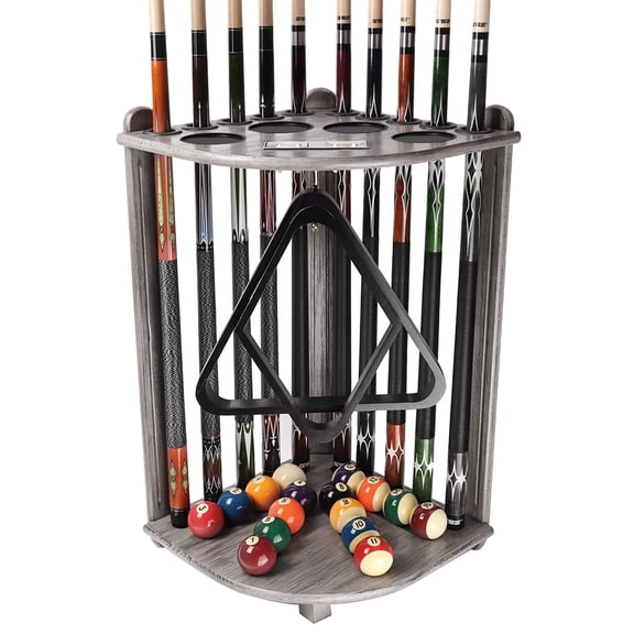 GSE Games & Sports Expert Corner Style Floor Stand Billiard Pool Cue Rack with Score Counters. Holds 10 Cue Sticks, 2 Ball Racks,16 Pool Balls - Brushed Gray