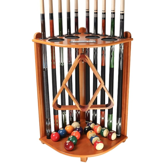 GSE Games & Sports Expert Corner Style Floor Stand Billiard Pool Cue Rack with Score Counters. Holds 10 Cue Sticks, 2 Ball Racks,16 Pool Balls - Oak