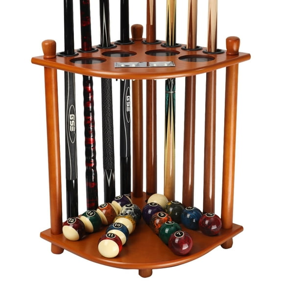 GSE Games & Sports Expert Corner-Style Floor Stand Billiard Pool Cue Racks with Score Counters. Holds 8 Pool Cue Sticks, 2 Pool Ball Racks, 16 Pool Balls - Oak