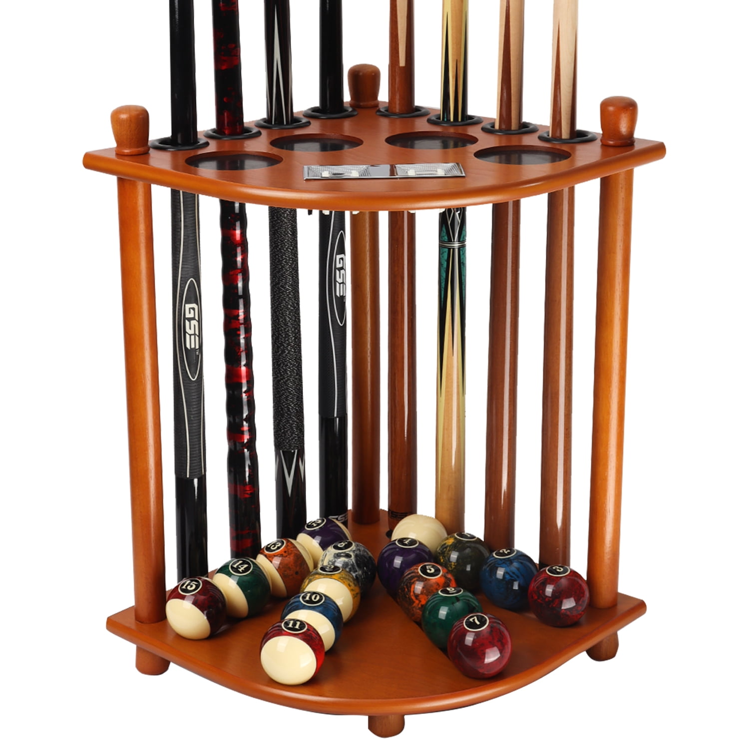 Oak Corner-Style Floor Stand Billiard Pool Cue Rack with Score Counters