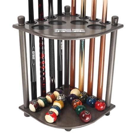 GSE Games & Sports Expert Corner-Style Floor Stand Billiard Pool Cue Racks with Score Counters. Holds 8 Pool Cue Sticks, 2 Pool Ball Racks, 16 Pool Balls - Silver Mist