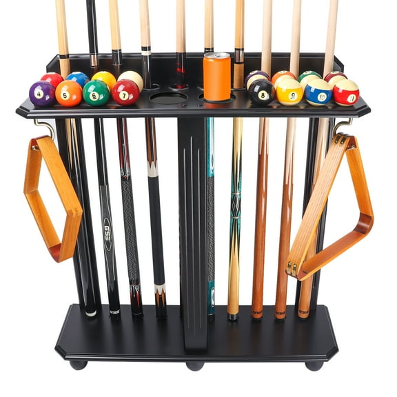 GSE Games & Sports Expert Floor Stand Billiard Pool Cue Racks. Holds 10 Pool Cue Sticks, 2 Drink Holders, 2 Pool Ball Racks, 16 Pool Balls - Black