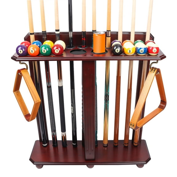 GSE Games & Sports Expert Floor Stand Billiard Pool Cue Racks. Holds 10 Pool Cue Sticks, 2 Drink Holders, 2 Pool Ball Racks, 16 Pool Balls - Mahogany