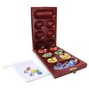 GSE Games & Sports Expert Folding Wood Mancala Board Game with Multi-Color Glass Stones. Family Travel Set for Family Party, Kids and Adults (Mahogany)