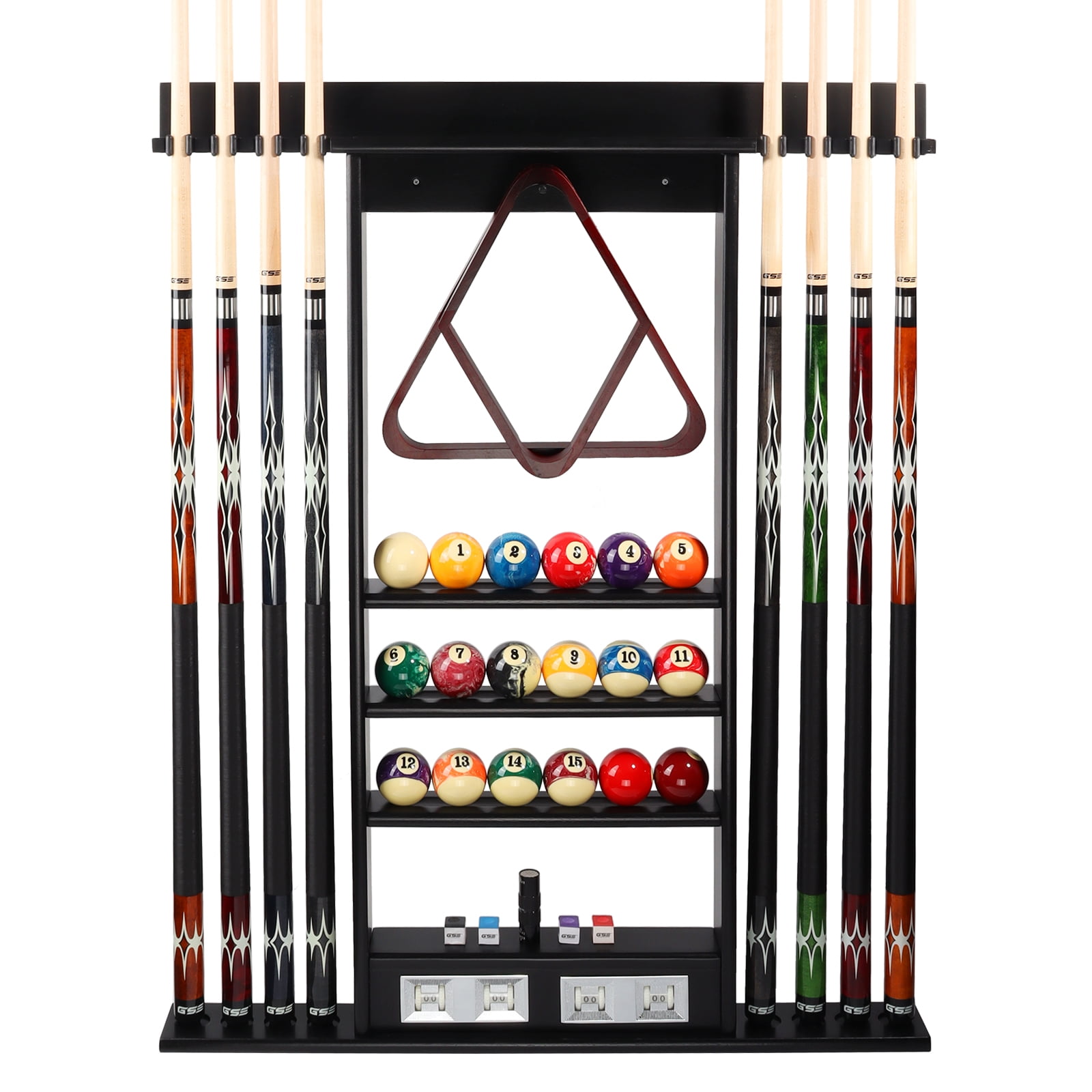 Black Solid Wood Wall Mounted Pool Cue Rack with Score Counter