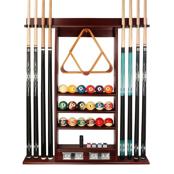 GSE Games & Sports Expert Pool Cue Stick Hanging Wall Mounting Rack with Score Counter, Cue Rack Only. Holds 8 Pool Cue Stick, Billiard Ball and Ball Rack - Mahogany