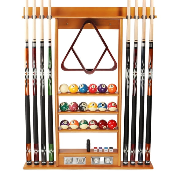 GSE Games & Sports Expert Pool Cue Stick Hanging Wall Mounting Rack with Score Counter, Cue Rack Only. Holds 8 Pool Cue Stick, Billiard Ball and Ball Rack - Oak