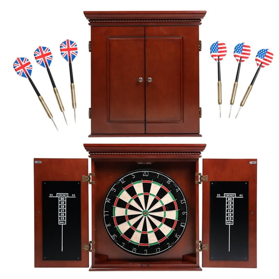 GSE Games & Sports Expert Premium Solid Wood Dartboard Cabinet Set with Bristle Dartboard, Dart Scoreboard and 6 Steel Tip Darts for Target Game Indoor Game (Brown)