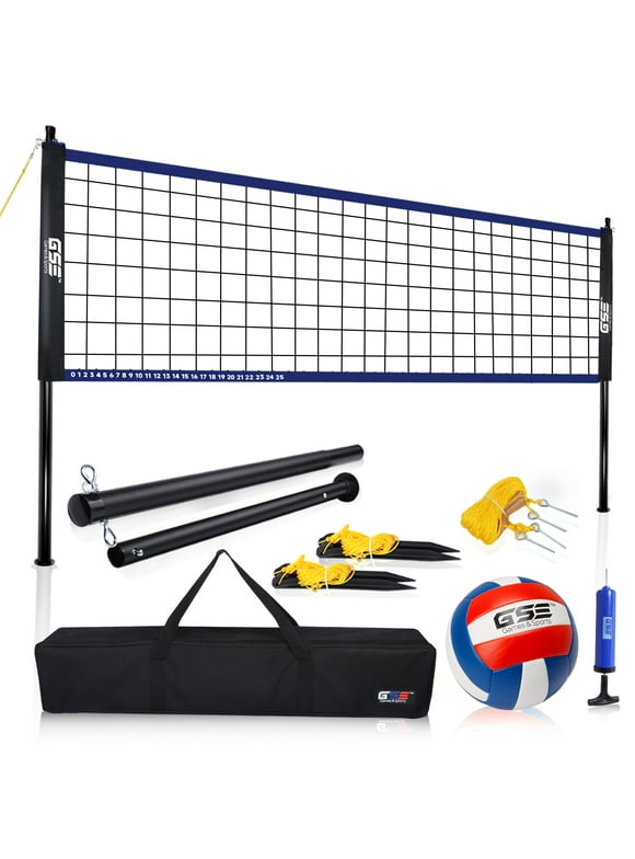 GSE Games & Sports Expert Recreational Portable Volleyball Complete Net Set. Including Volleyball Net System with Volleyball, Pump, and Carrying Bag for Outdoor Park, Backyard Lawn, Beach