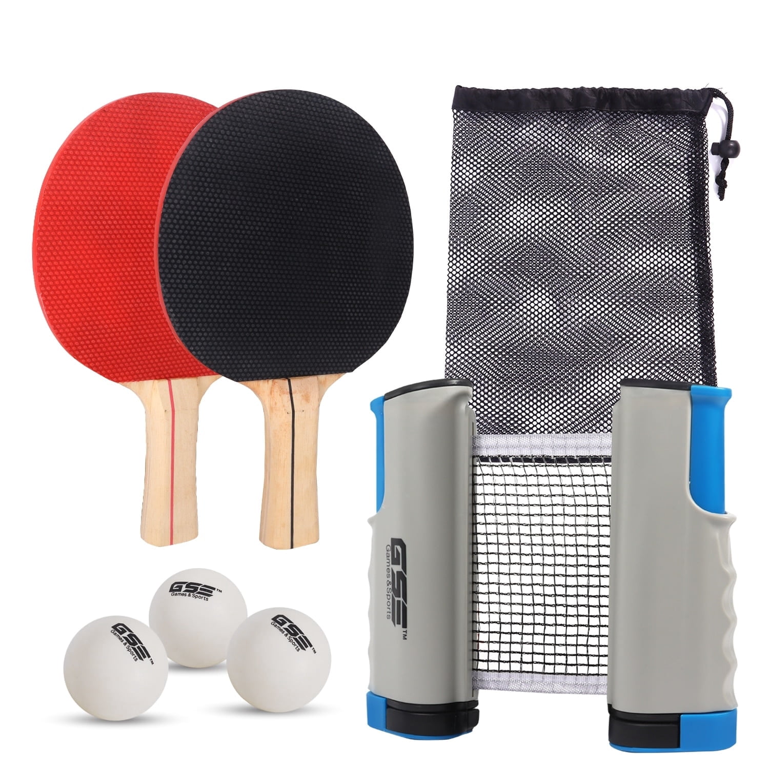 GSE Games & Sports Expert Complete Portable Table Tennis Game Set with Retractable Ping Pong Net & Post, 2 Paddles & 3 Ping Pong Balls for Anywhere-Grey