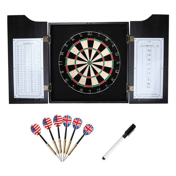 GSE Games & Sports Expert Solid Wood Dartboard Cabinet Set with Sisal Fiber Dartboard, Dart Scoreboard and 6 Steel Tip Darts for Target Game Indoor Game (Black)