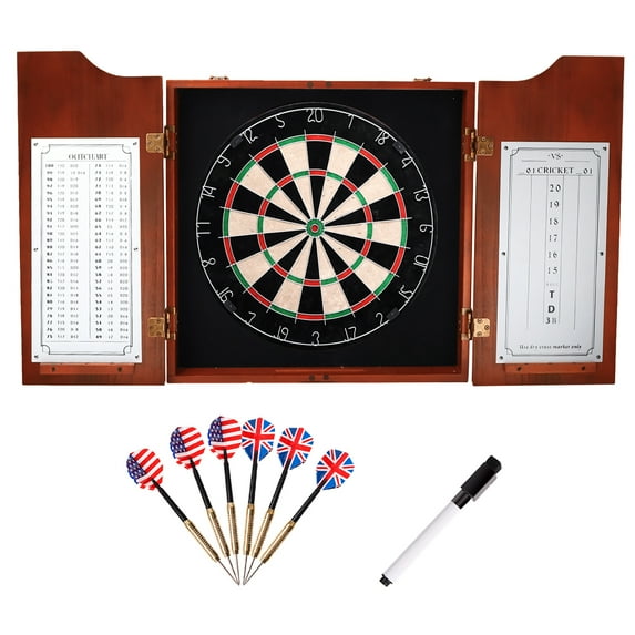 GSE Games & Sports Expert Solid Wood Dartboard Cabinet Set with Sisal Fiber Dartboard, Dart Scoreboard and 6 Steel Tip Darts for Target Game Indoor Game (Mahogany)
