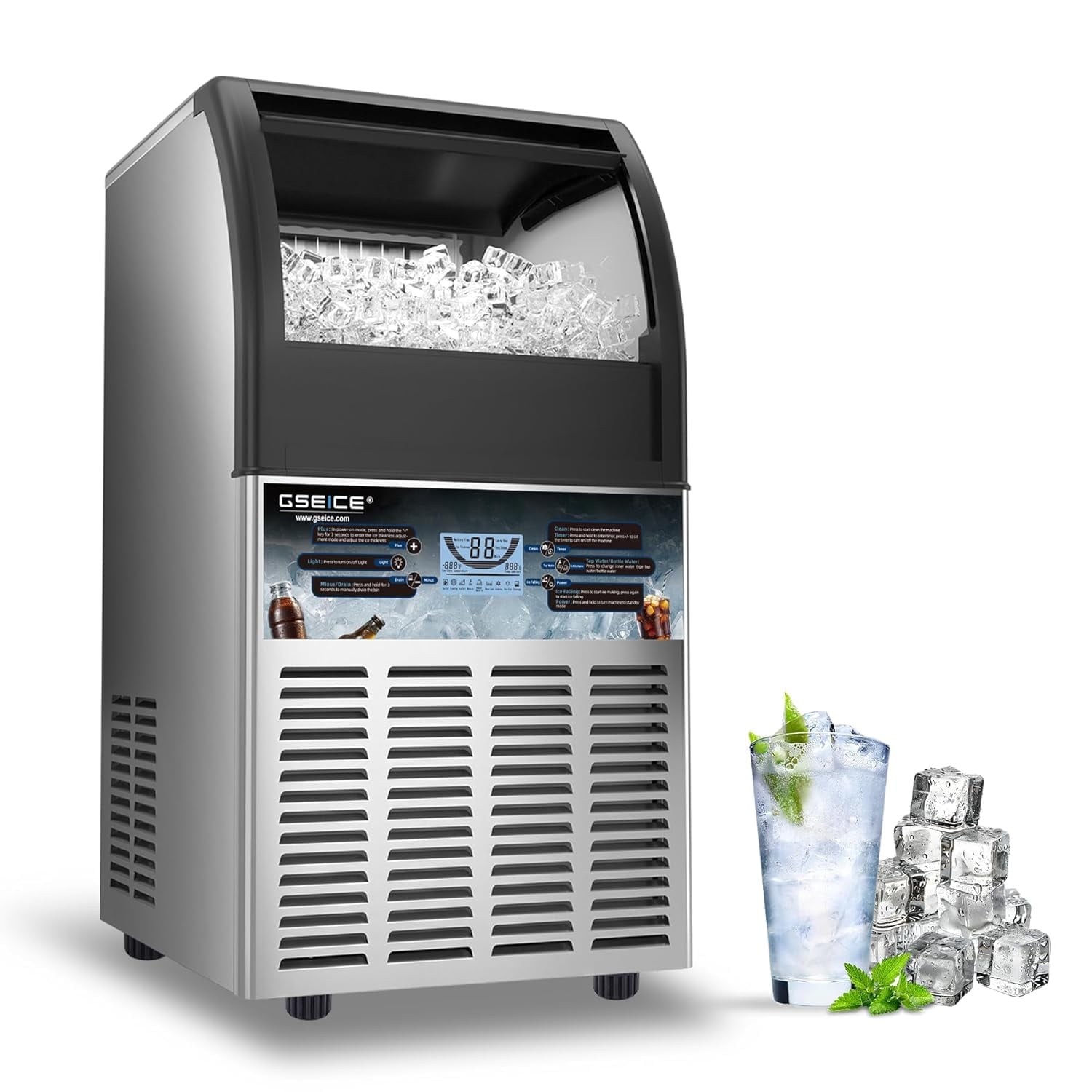 GSEICE ETL-Certified Commercial Ice Maker Machine 100Lbs/24H, Freestanding Fast Business Ice Maker, Self-Cleaning Ice Machine with LED Display for Bar, Office, Cafe, Hotel