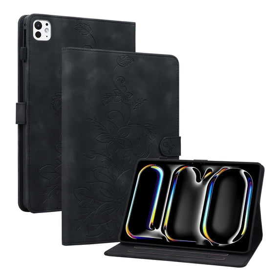 GSFY for 2024 iPad Pro 11 inch Case M4 (5th Generation), PU Leather Magnetic Closure Protective Folio Stand Cover with Pencil Holder Multiple Viewing Angles for iPad Pro 11 5th Gen - Black Bloom