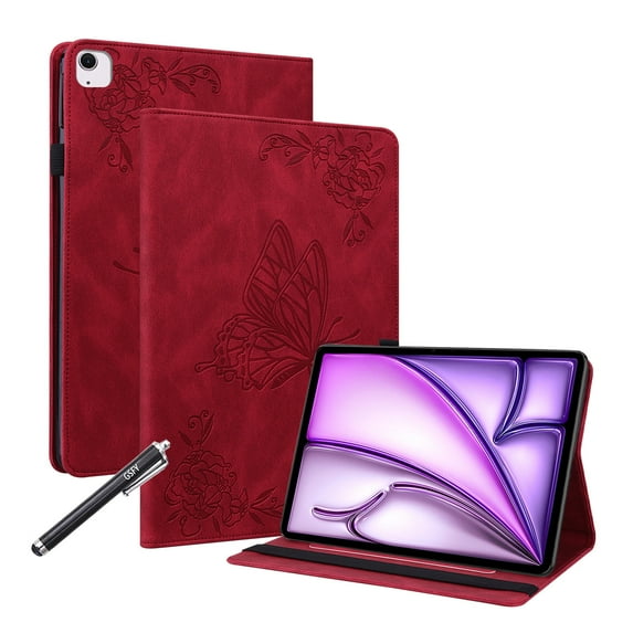GSFY Case Compatible with iPad Air 11 inch M3 2025 / M2 2024, iPad Air 10.9 inch 4th / 5th Gen, PU Leather Multi-Angle Folio Stand Cover with Pencil Holder & Card Pockets, Butterfly-Red