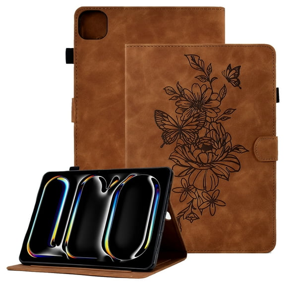 GSFY Case for 2024 iPad Pro 11 Inch 5th Generation(M4), Smart Premium PU Leather Wallet Stand Protective Shell with Auto Sleep Wake Feature for iPad Pro 11 5th Gen, Brown FLOWER