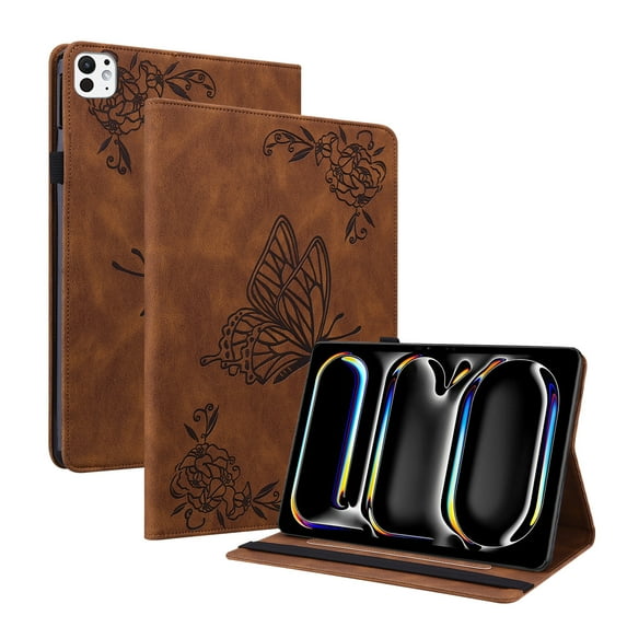 GSFY Case for 2024 iPad Pro 11 Inch M4 (5th Generation), PU Leather Multi-Angle Folio Stand Cover w/Pencil Holder & Card Pockets for iPad Pro 11'' 5th Gen, Butterfly-Brown