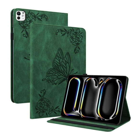 GSFY Case for 2024 iPad Pro 11 Inch M4 (5th Generation), PU Leather Multi-Angle Folio Stand Cover w/Pencil Holder & Card Pockets for iPad Pro 11'' 5th Gen, Butterfly-Green