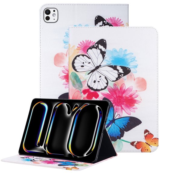 GSFY Case for iPad Pro 11 Inch 5th Generation (M4) 2024, Smart Premium PU Leather Flip Stand Cover with Card Cash Pocket Auto Sleep Wake for 2024 iPad Pro 11 5th Gen, White Butterfly