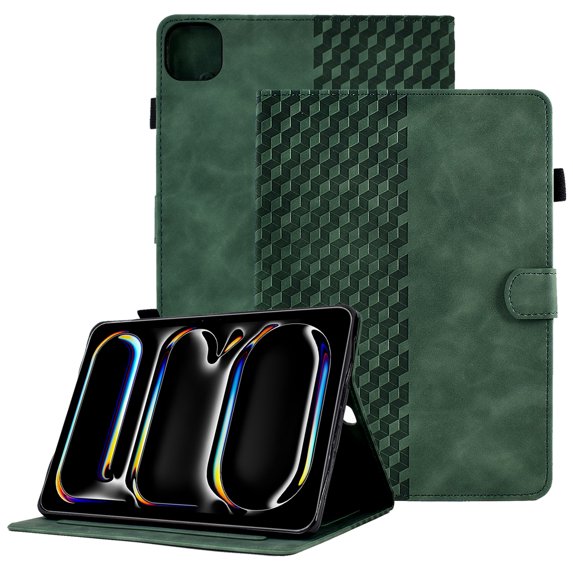 GSFY Case for iPad Pro 11 Inch (M4) 2024 (5th Gen), PU Leather Slim Wallet Stand Protective Smart Shell with Auto Sleep Wake Feature for iPad Pro 11 Inch Tablet, Green Blocks