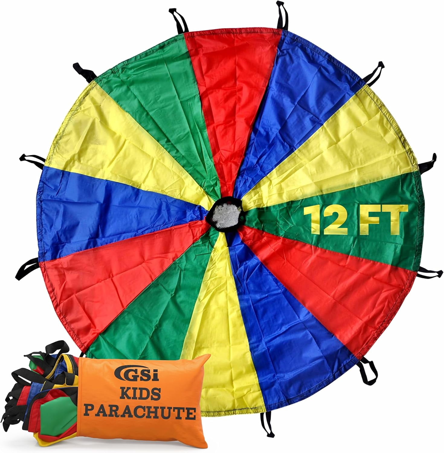 GSi Kids 12 Ft Rainbow Play Parachute with Handles Cooperative Play Toy for Group Activities, Outdoor Games & Classroom Fun