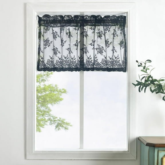 GSIZSA-Black Lace Valance Curtain for Windows, Gothic Black Sheer Valance for Halloween, Light Filtering Rod Pocket Vintage Window Short Curtain, 52 x 18 Inch, 1 Panel