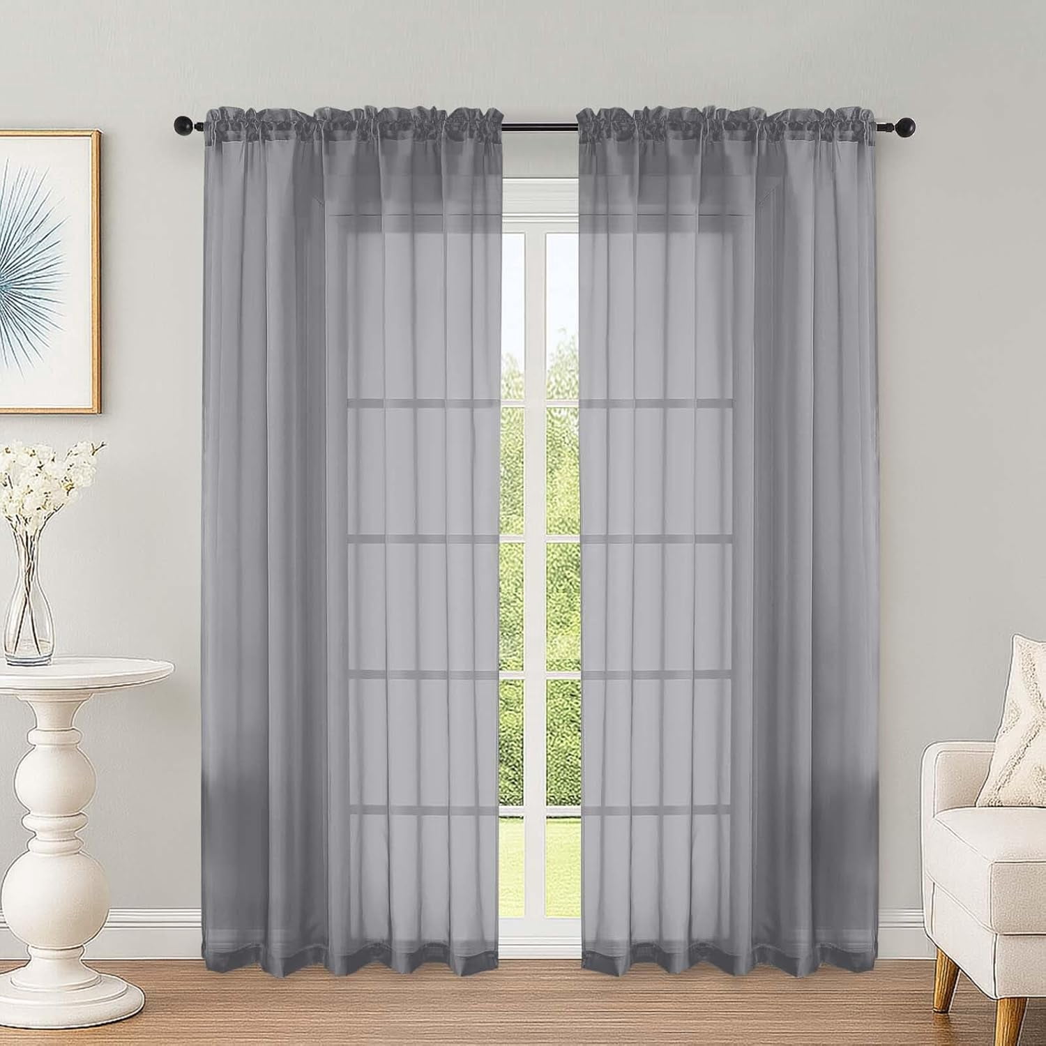 GSIZSA-Grey Sheer Curtains 72 Inches Long 2 Panels Set, Transparent ...