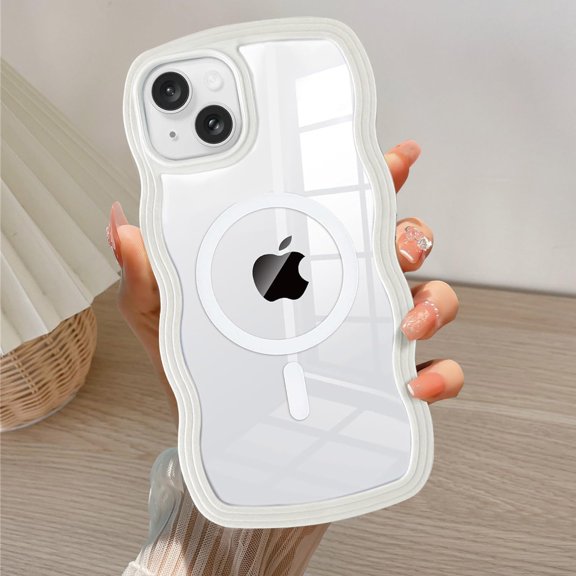 GSIZSA-Magnetic for iPhone 15 Case Compatible with Magsafe, Cute Curly Wave Frame Clear Case for Girls Women, Transparent TPU Bumper Shockproof Protective Phone Cover for iPhone 15 - White