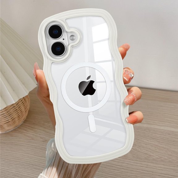 GSIZSA-Magnetic for iPhone 17 Case Compatible with Magsafe, Cute Curly Wave Frame Clear Case for Girls Women, Transparent TPU Bumper Shockproof Protective Phone Cover for iPhone 17 - White