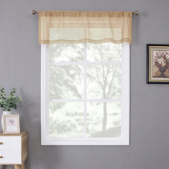 GSIZSA-Sheer Valance Linen Textured Bedroom Valance Curtains Sheer Light Filtering Rod Pocket Voile Curtain Valances for Living Room, 54 x 16 inches Long, Beige, Set of 1 Panel