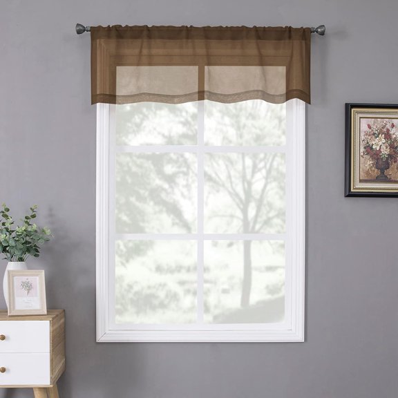 GSIZSA-Sheer Valance Linen Textured Bedroom Valance Curtains Sheer Light Filtering Rod Pocket Voile Curtain Valances for Living Room, 54 x 16 inches Long, Brown, Set of 1 Panel