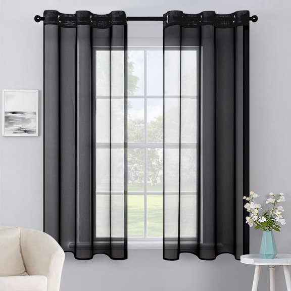 GSIZSA-Solid Color Sheer Curtains 63 Inches Long 2 Panels Set - Fall Elegant Lightweight Grommet Light Filtering Halloween Window Voile Drapes/Treatment for Bedroom Living Room W42 x L63 Inch, Black