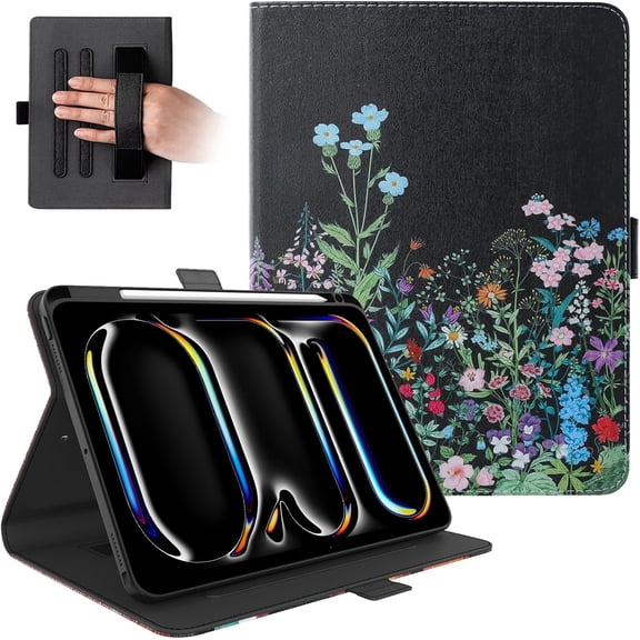GSIZSA-for iPad Pro 13" M4/M5 Smart Folio Case with Adjustable Stand/Auto Sleep Wake/Pencil Holder/Hand Strap/Magnetic Strap Closure, PU Leather Protective Anti-Scratch Cute Cover Shell, Black Blosso
