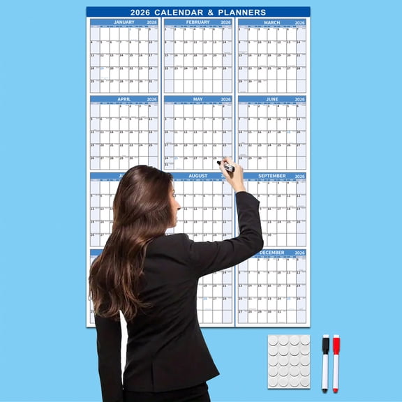 GSKKLQ Dry Erase Calendar, Reusable Single Page Yearly Planner with English Dates, Wall Mounted Schedule Organizer, Wipe Off Marker Included